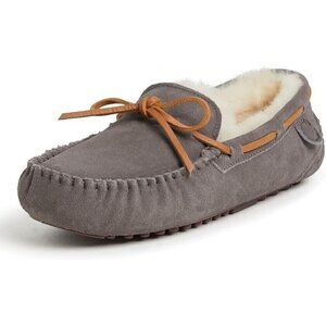 Fireside Dearfoams Men's 8 Victor Genuine Shearling Moccasin Slipper NEW Grey
